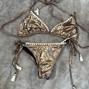 Brown and White Bikini with Playful Pom-Pom Details